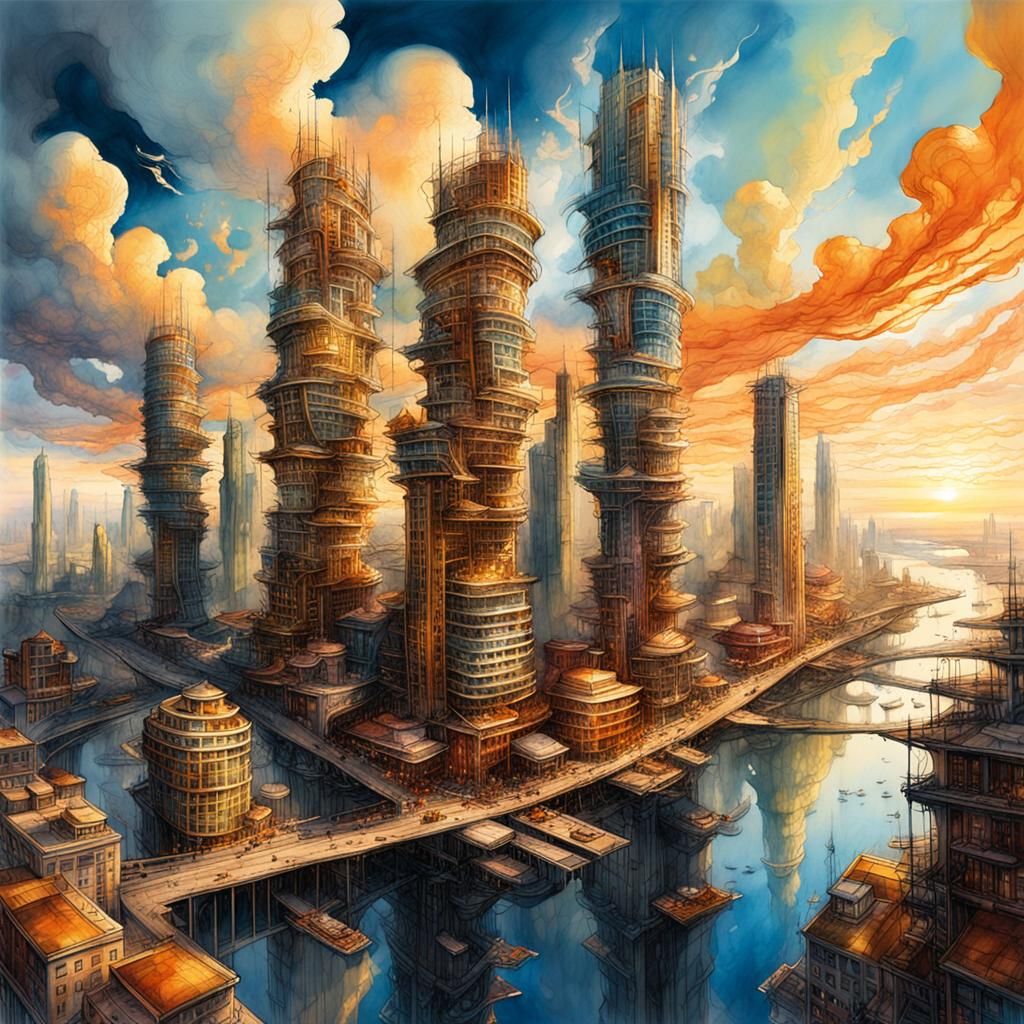 Fantastic Sky City in Watercolor and Ink Style