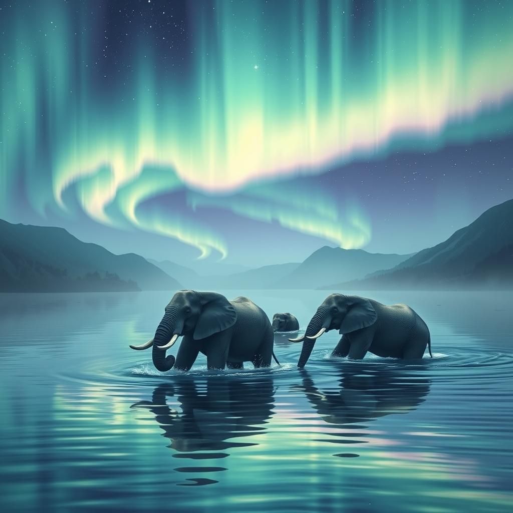 Elephants Frolic Under Aurora Borealis