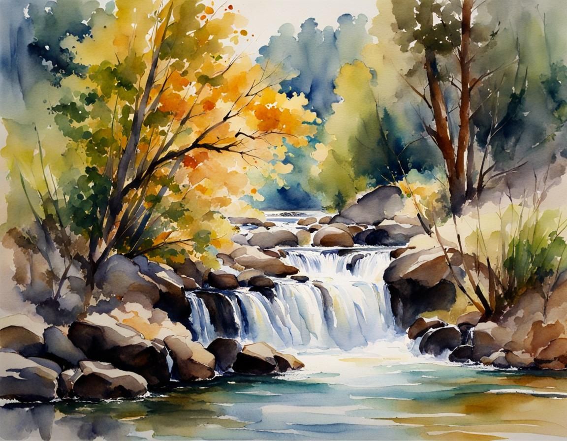 Watercolor River and Waterfall Landscape