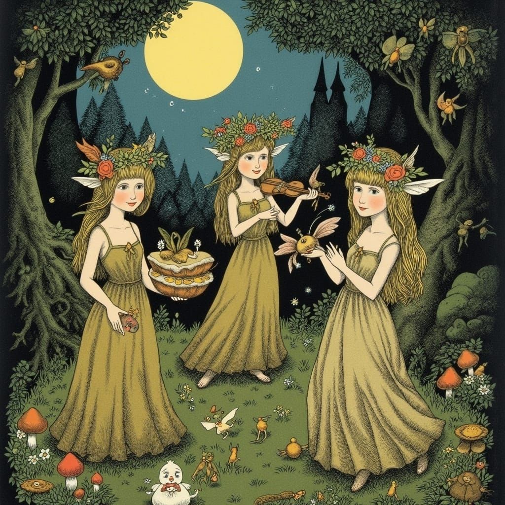 Fauns' Moonlit Forest Party: Whimsical Illustration