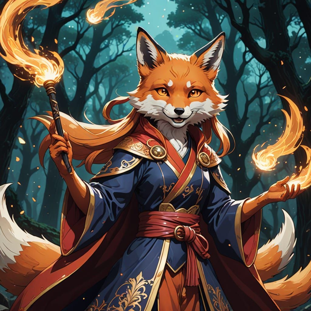 Ethereal Kitsune Wizard in Anime Style