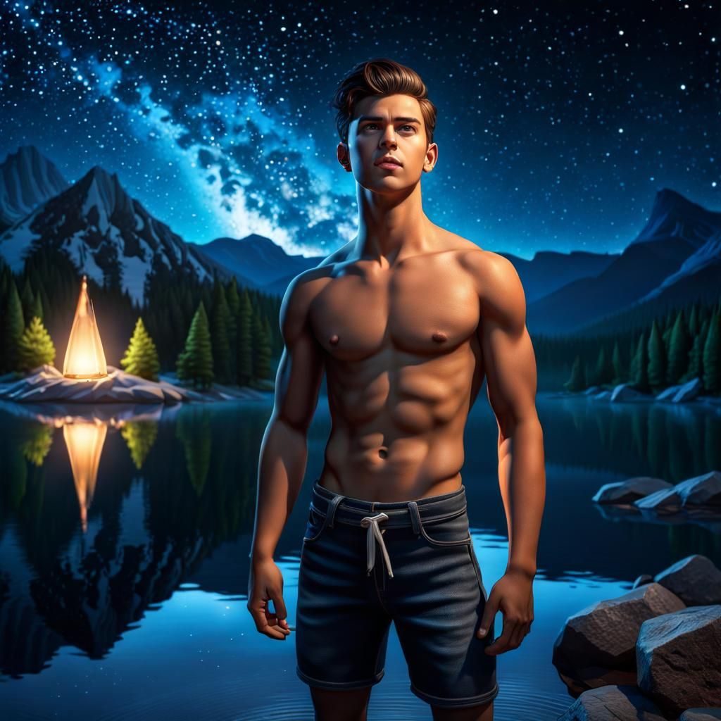 Starry Lake Portrait in Hyperrealistic Style