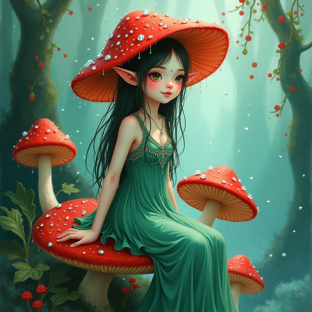 An elvish girl sitting on a red mushroom with a red mushroom...
