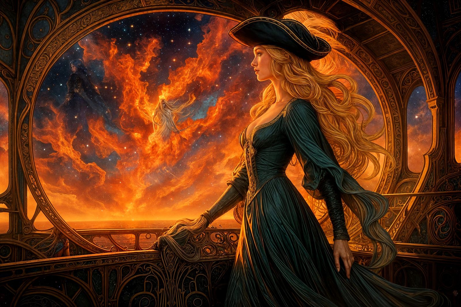 Space Pirate on Ship Bridge in Art Nouveau Style