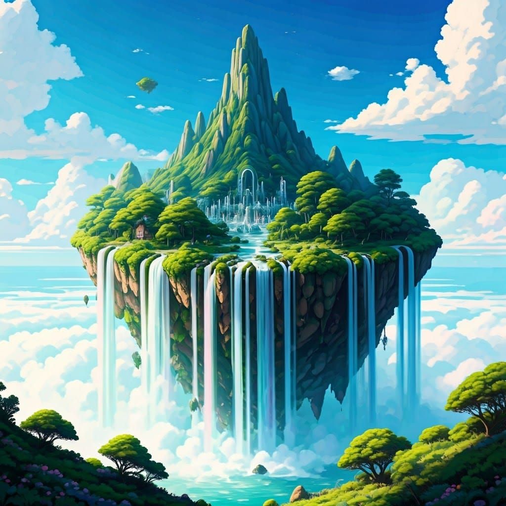 Mystical Floating Island with Rainbow Waterfalls