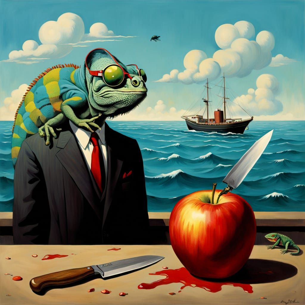 Noir Detective Investigates Apple-Head Murder, Surreal Art