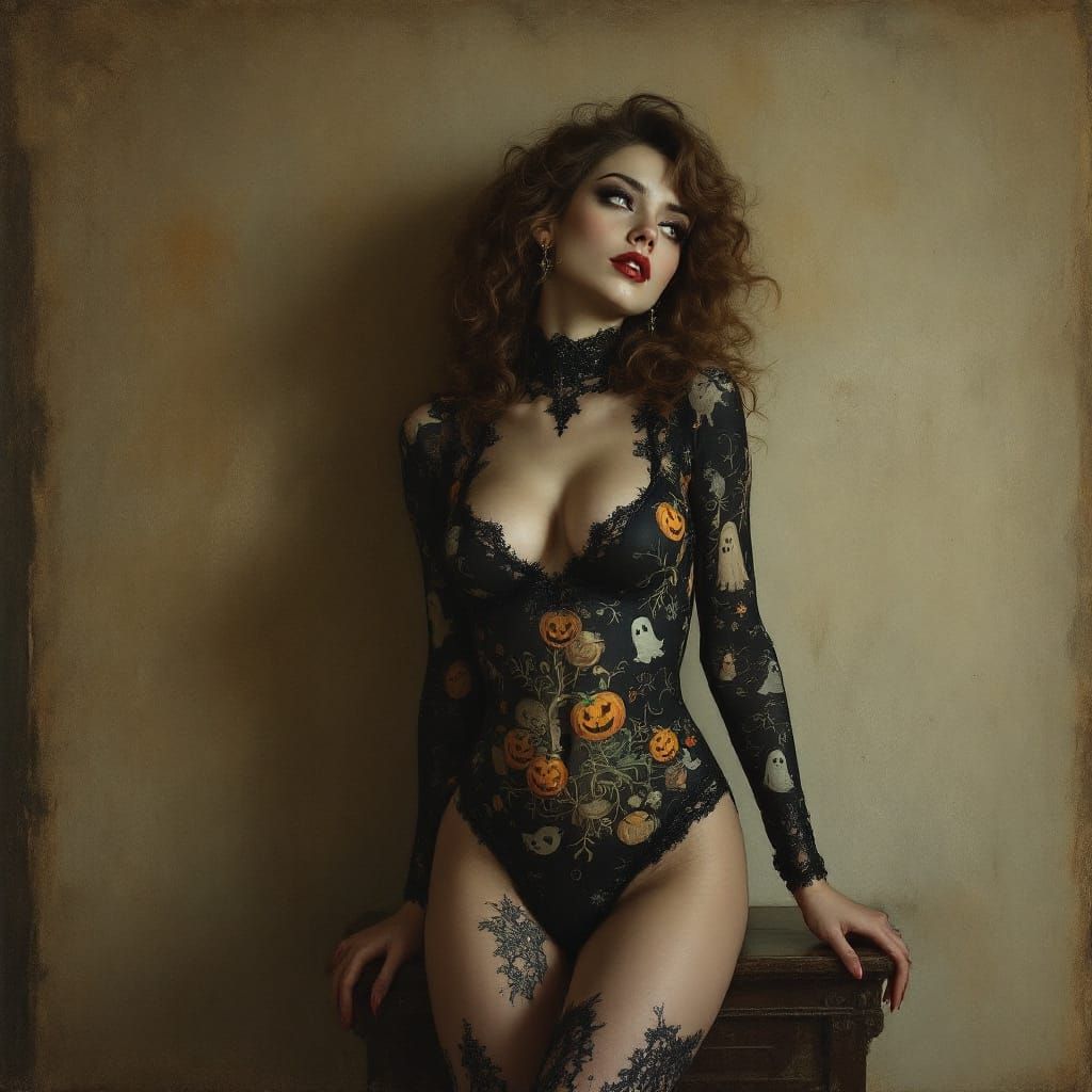 Melancholic Pinup Woman in Halloween Bodysuit