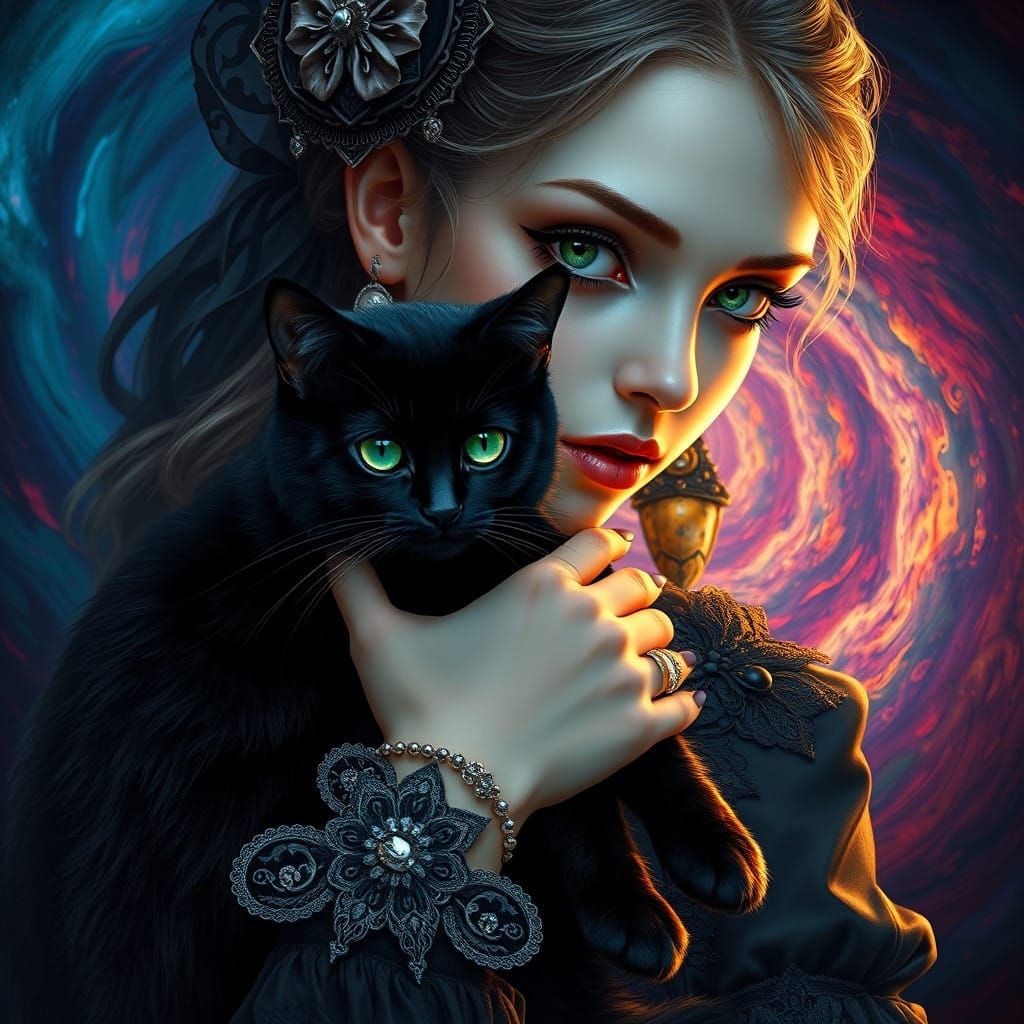 Goth Girl Enchantress with Majestic Kitty