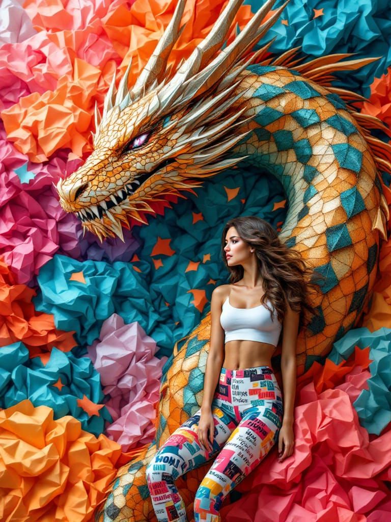 Dragon and Woman in Surreal Paper World