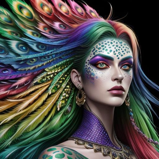 Colorful Dragon Scale Woman with Peacock Hair