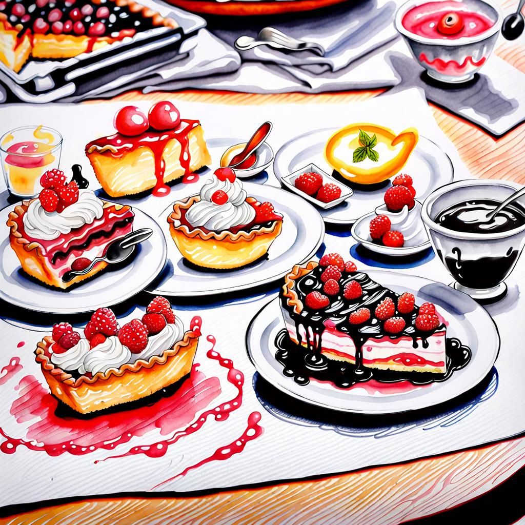 Watercolor Ink Drawing of Food and Desserts