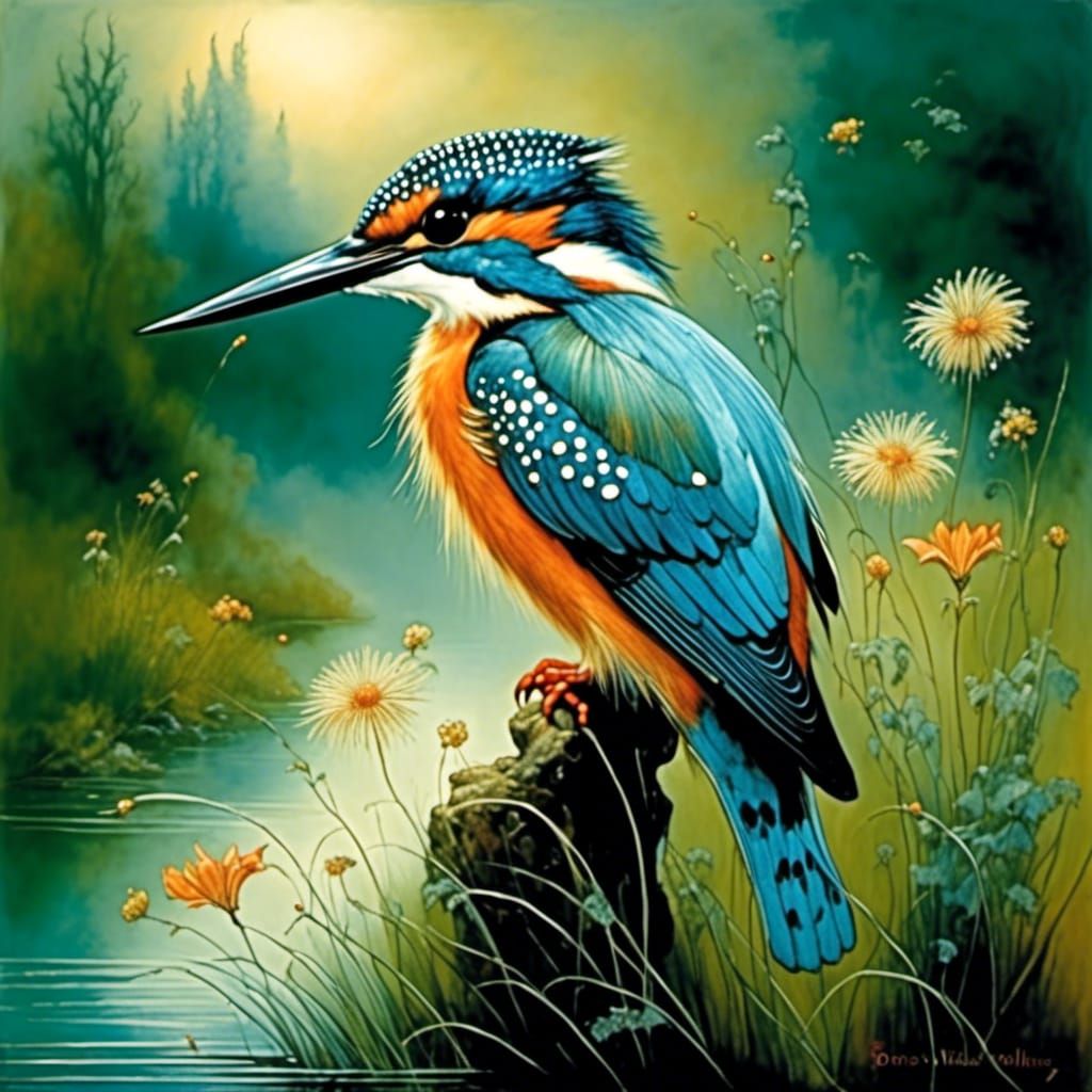 Morning Glory: Kingfisher in Enchanted River Landscape
