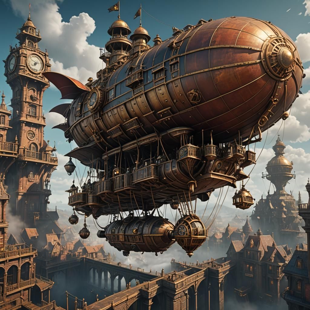 Steampunk Airship in Detailed Matte Painting Style