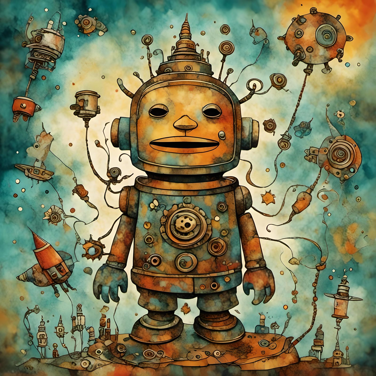Steampunk Buddha Robot Flies Through Surreal Sky