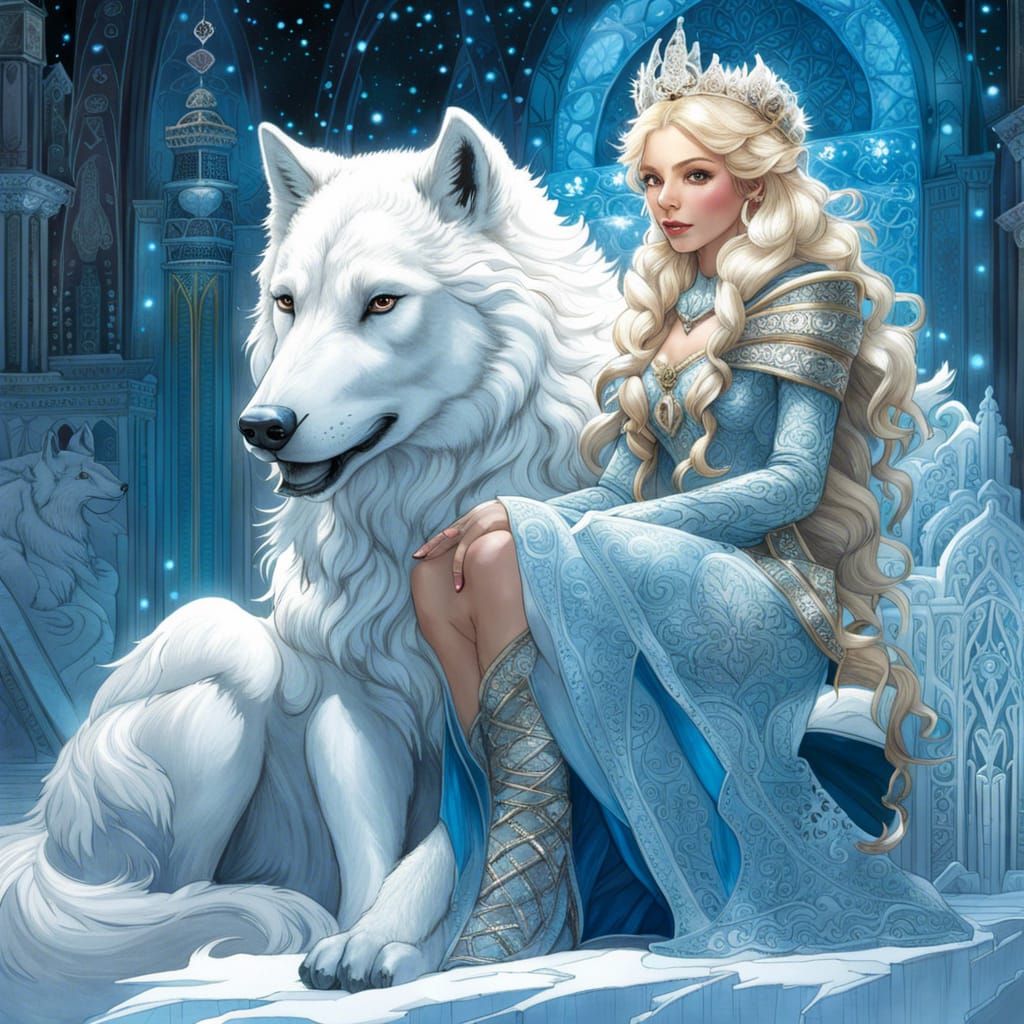 Snow Princess and White Wolf on Ice Throne