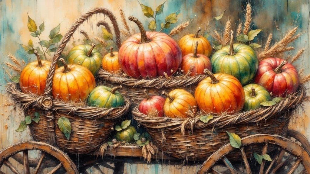 Vibrant Fruit Harvest in Wicker Baskets, Detailed Watercolor...