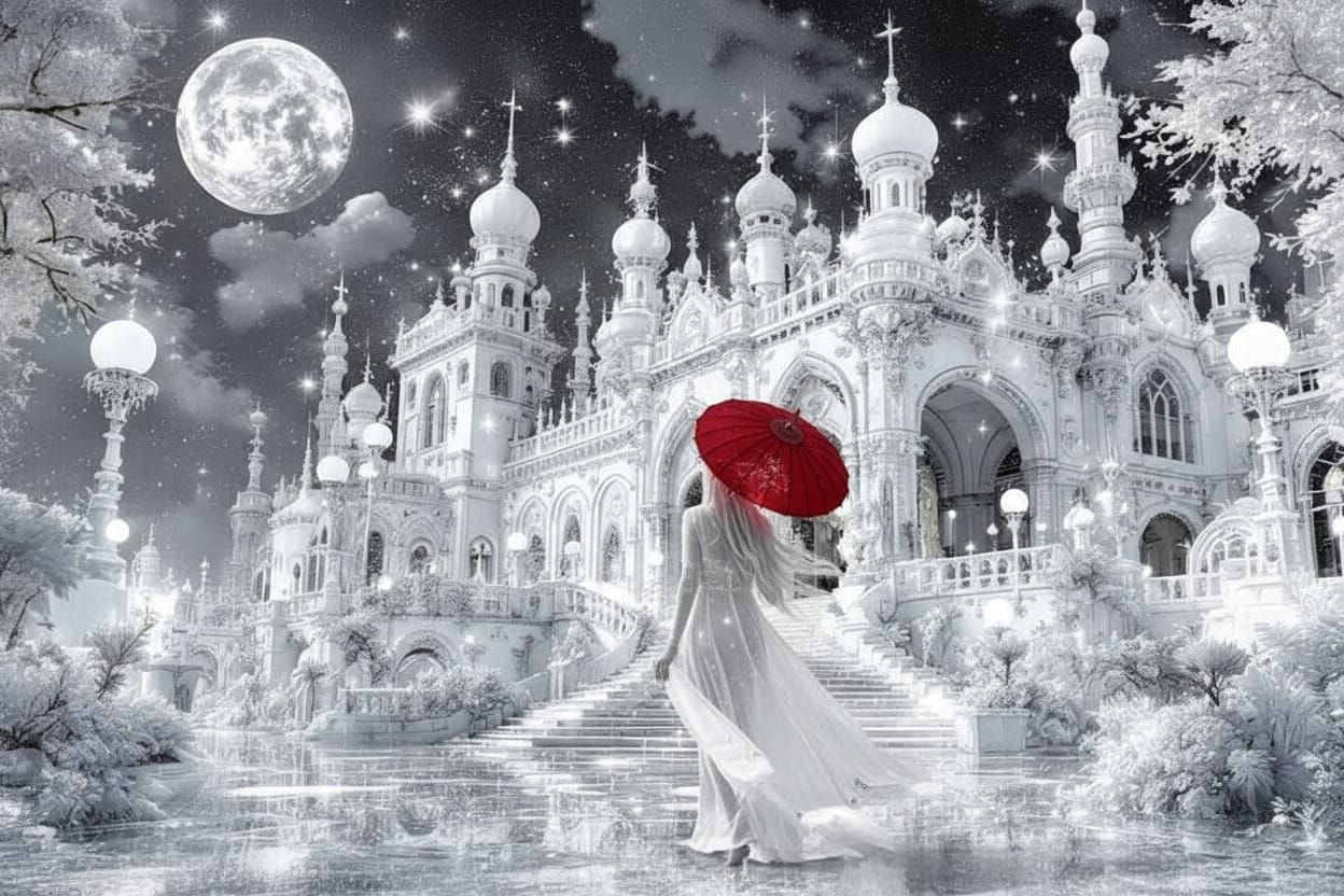 Whimsical White Glass Baroque Palace with Steampunk Elements