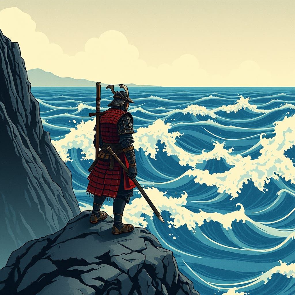 Weathered Samurai Warrior Contemplates Turbulent Ocean