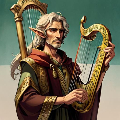 Half-Elf Bard Boy Plays a Harp