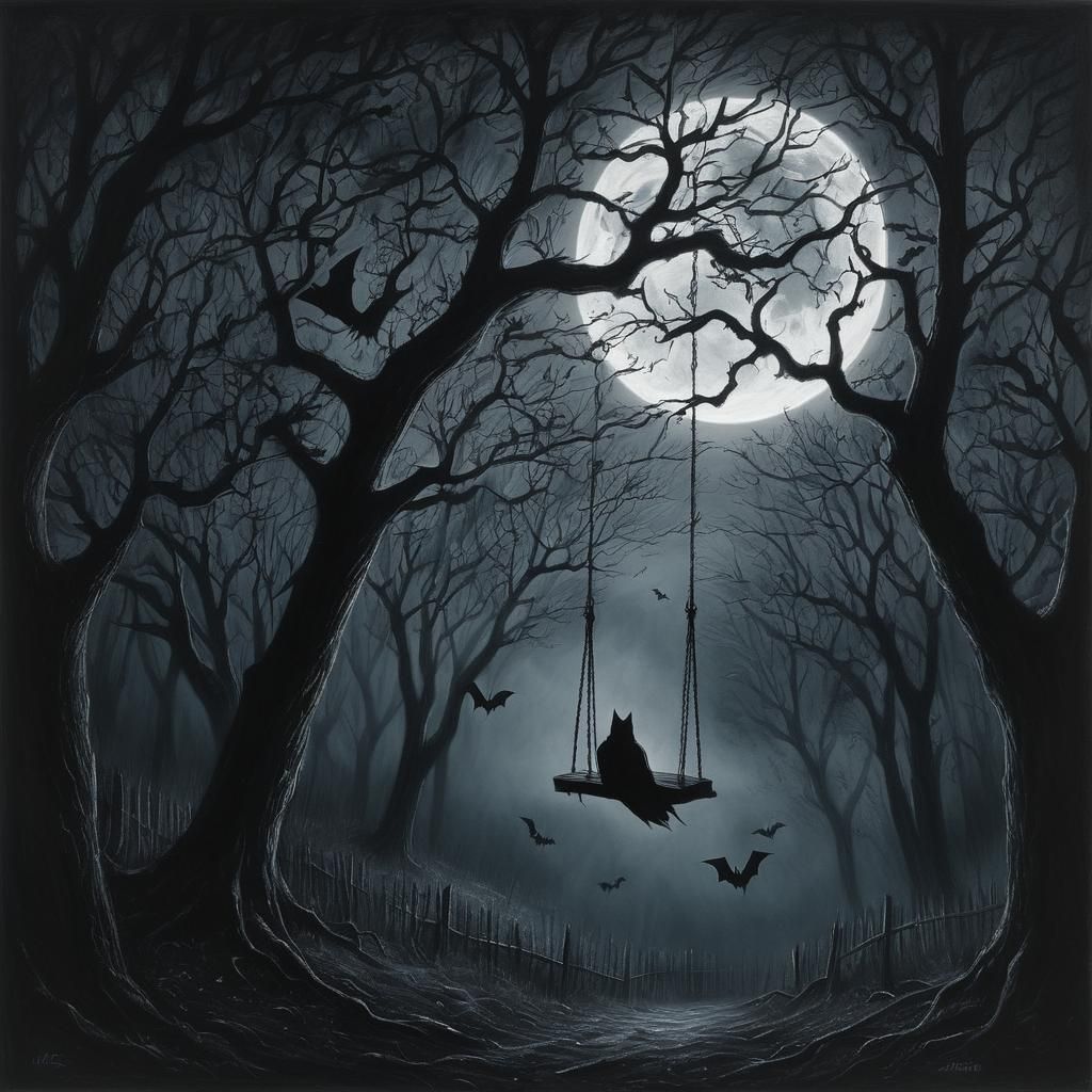 Eerie Charcoal Drawing: Ghostly Swing in Haunted Forest