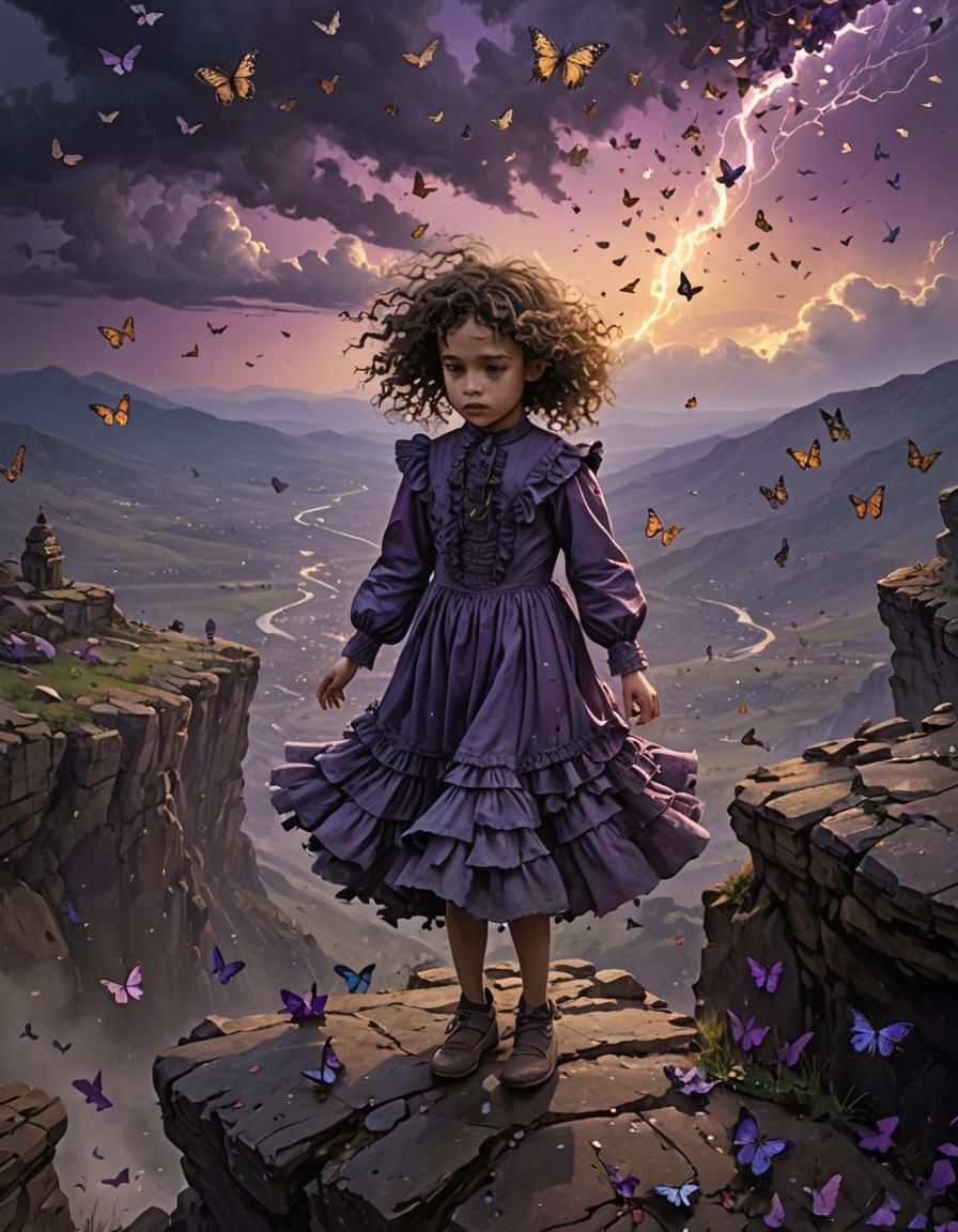 Girl on Precipice with Butterflies, in Surrealist Style