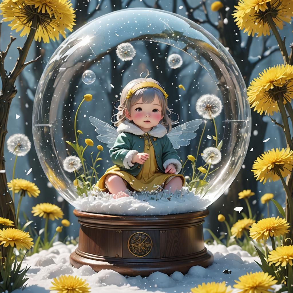 Baby Girl in Dandelion Snow Globe: 3D Anime Art