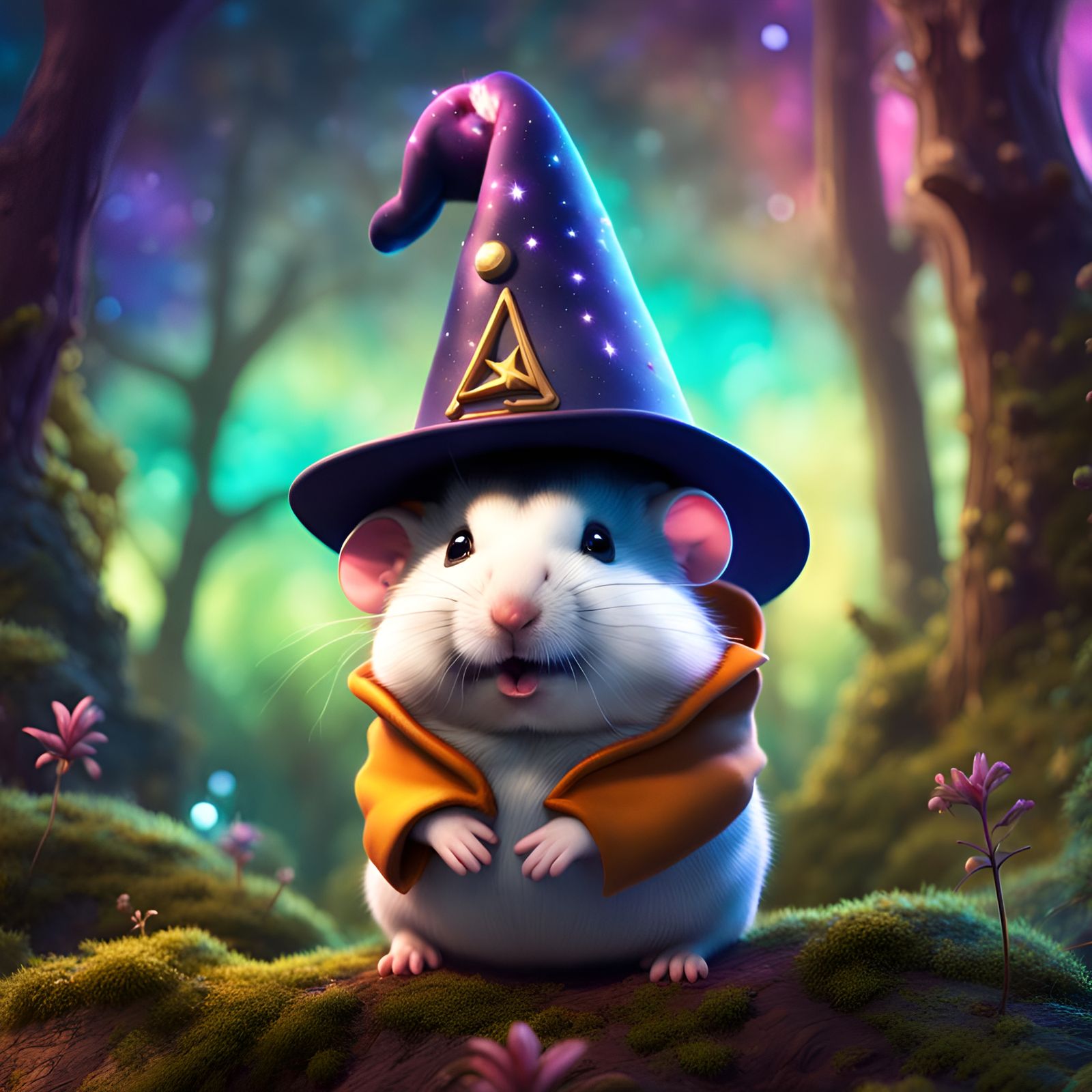 Whimsical Hamster Wizard in Enchanted Forest