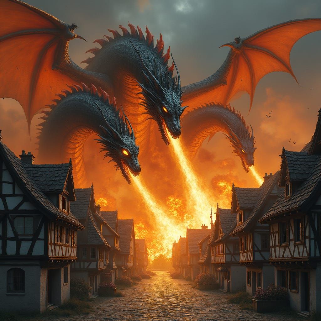 Dragons Engulf Medieval Town in Blazing Fire