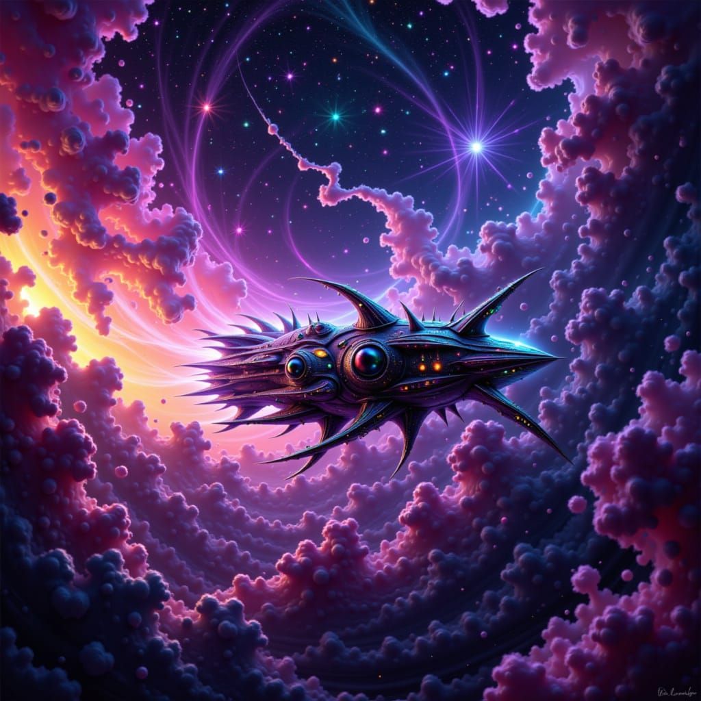 Iridescent Spaceship Soaring Through Cosmic Nebula