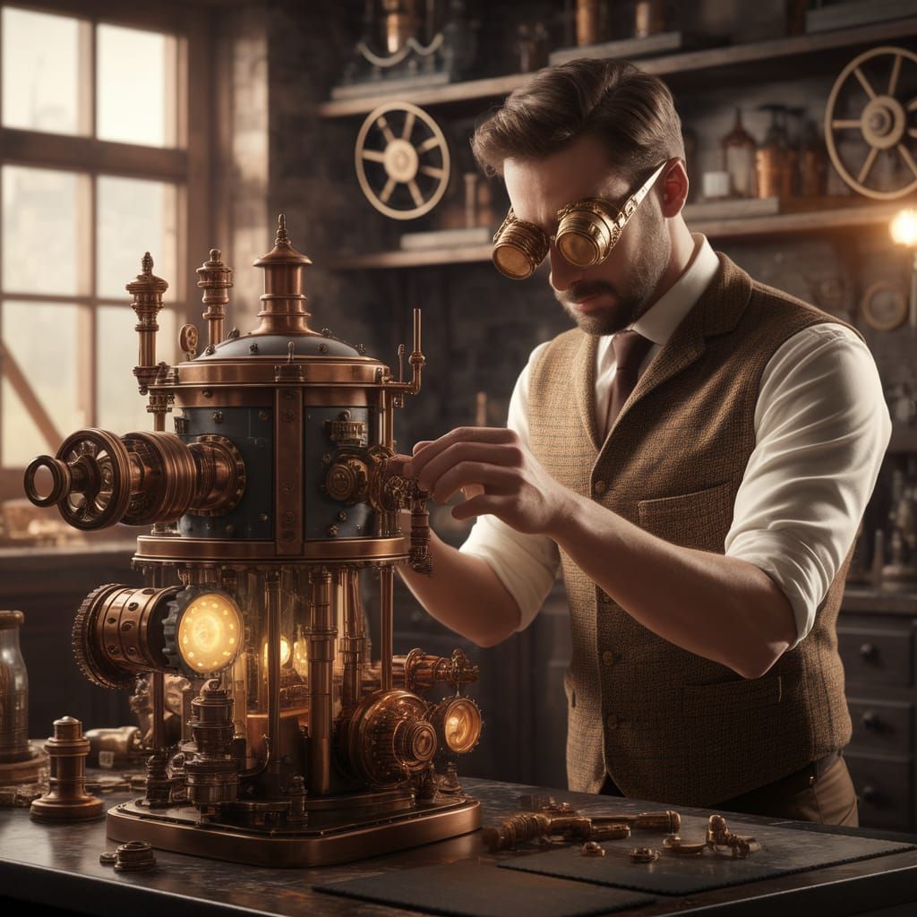 Steampunk Inventor in a Warmly Lit Workshop