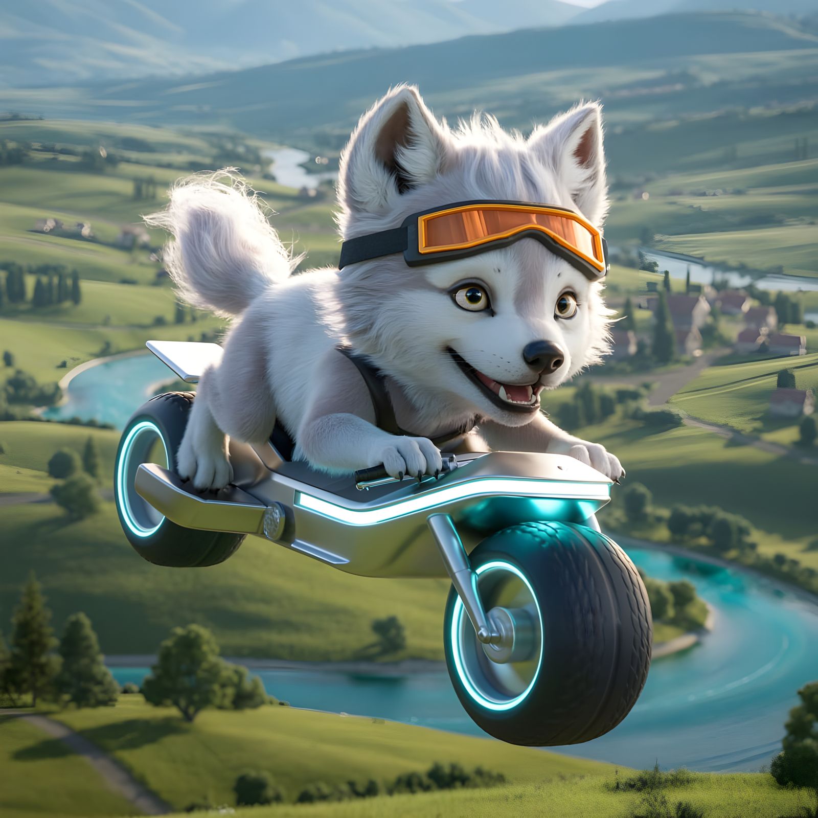 Wolf Cub on Hover Motorcycle, Hyper-Realistic 3D Render
