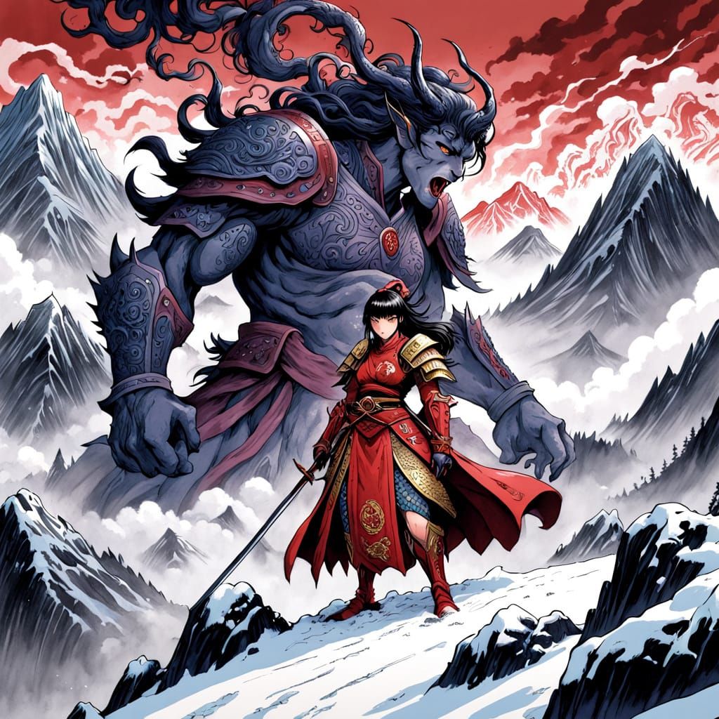 Samurai Warrior Confronts Cosmic Horror in 2D Cartoon Style