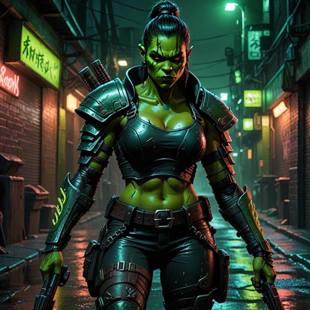 Cyberpunk Orc Street Samurai in Gritty Alley