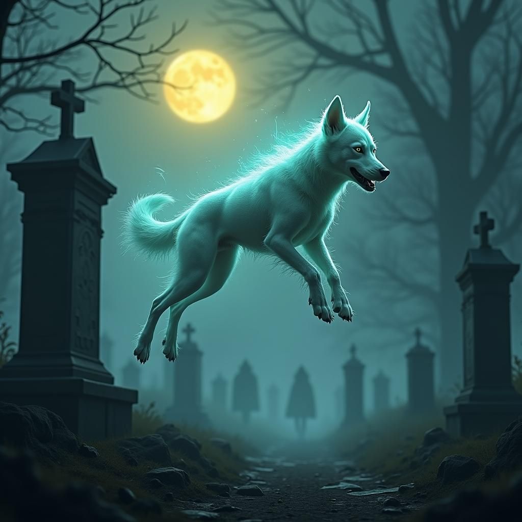 Ethereal Spectral Canine in Graveyard, Dreamlike Concept Art