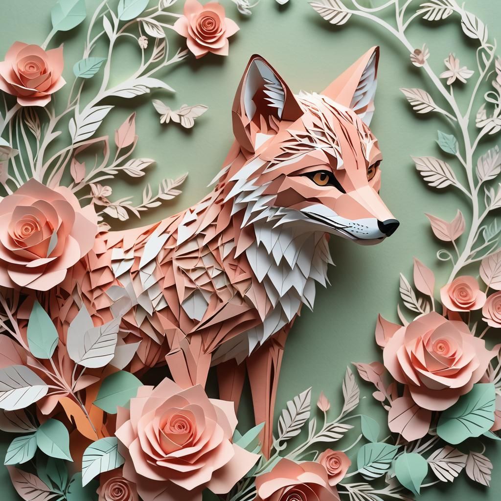 Origami Fox and Rose Paper Cutting Art