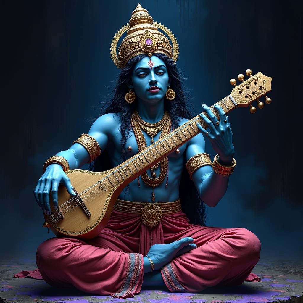 Hindu God Deva Plays Sitar: Hyperrealistic Art
