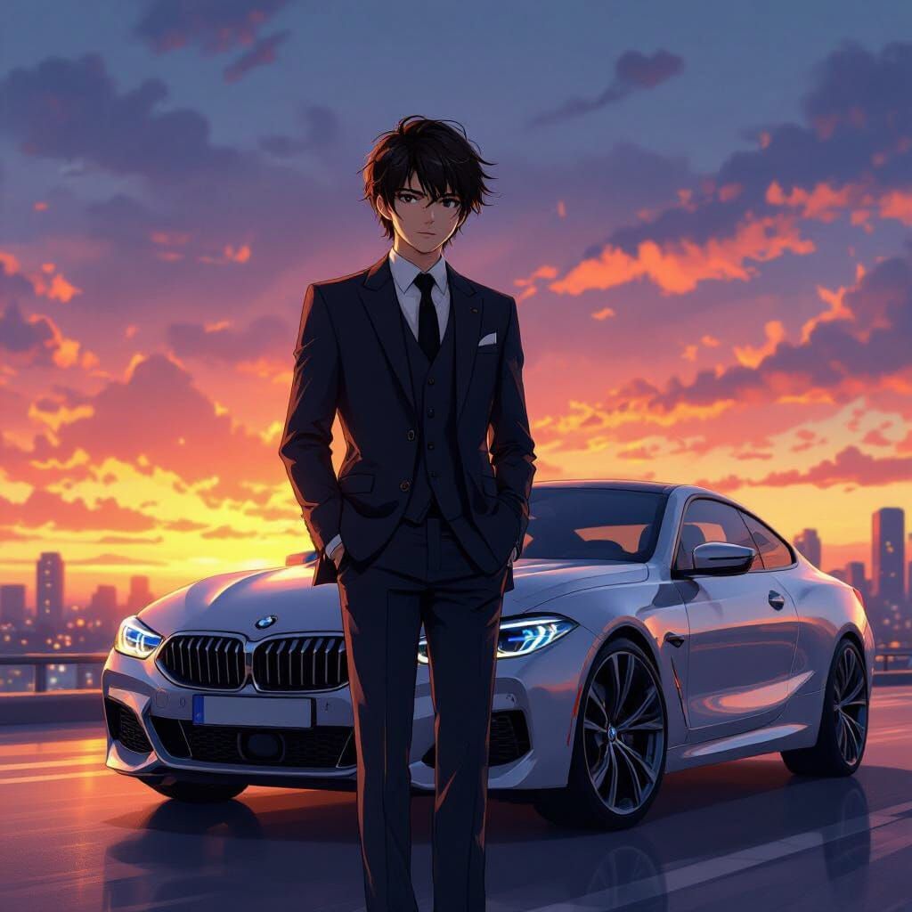 Anime Boy and BMW at Sunset in Shinkai Style