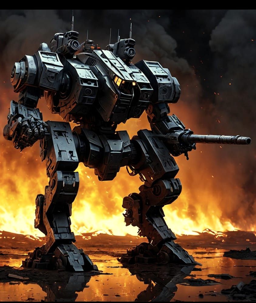 Mech Warrior in Combustive Inferno: Sci-Fi Art