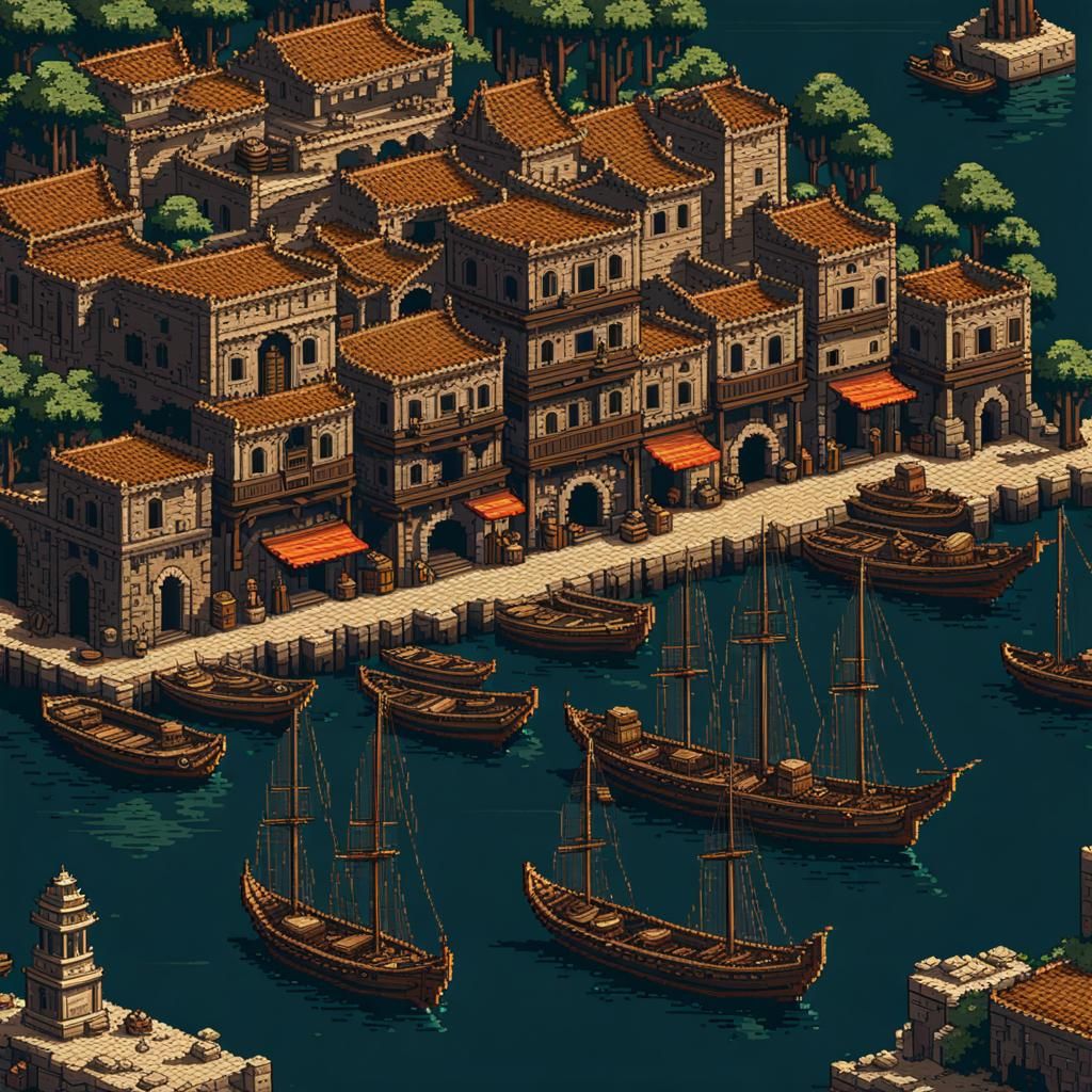 Detailed 8-Bit Pixel Art of an Ancient Port
