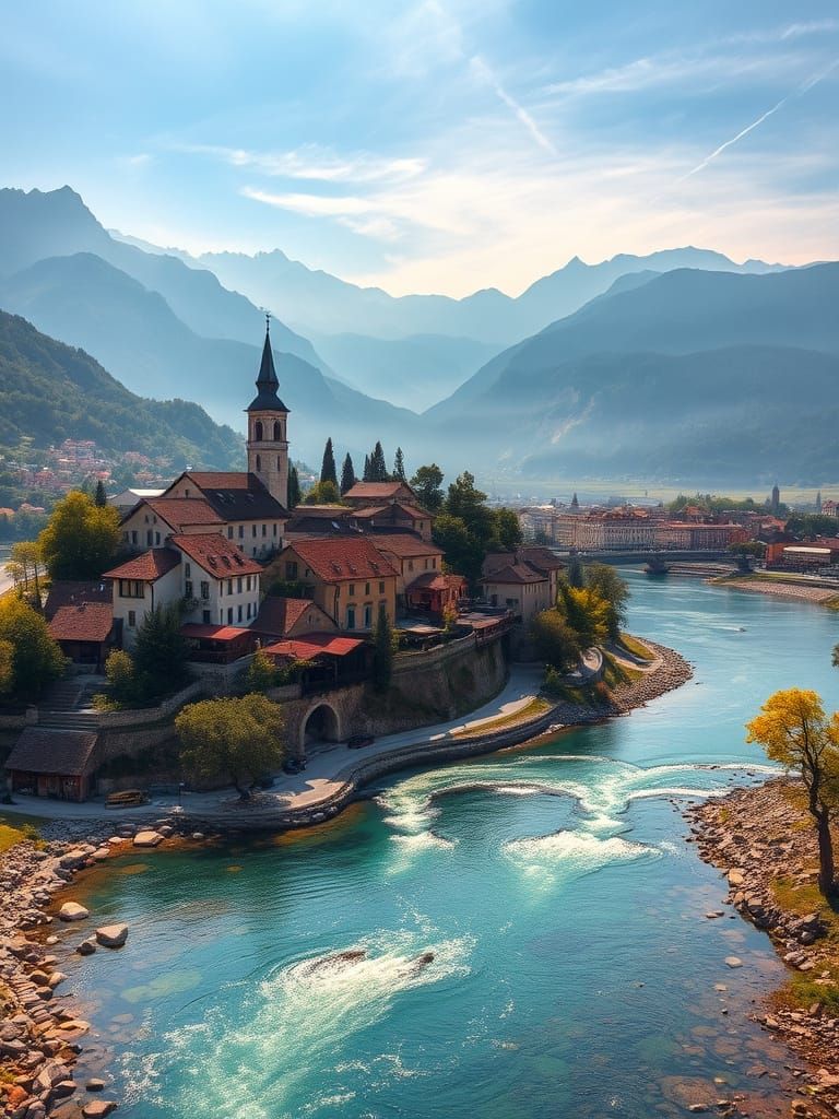 Breathtaking Village View of Cityscape with Majestic Mountai...