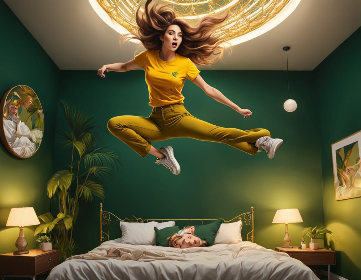Woman with Afro Jumping on Bed, Digital Painting