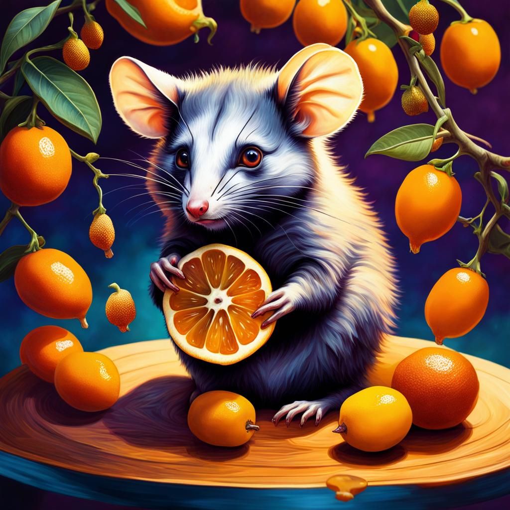 Surreal Possum Enjoys Kumquat with Psychedelic Artistry