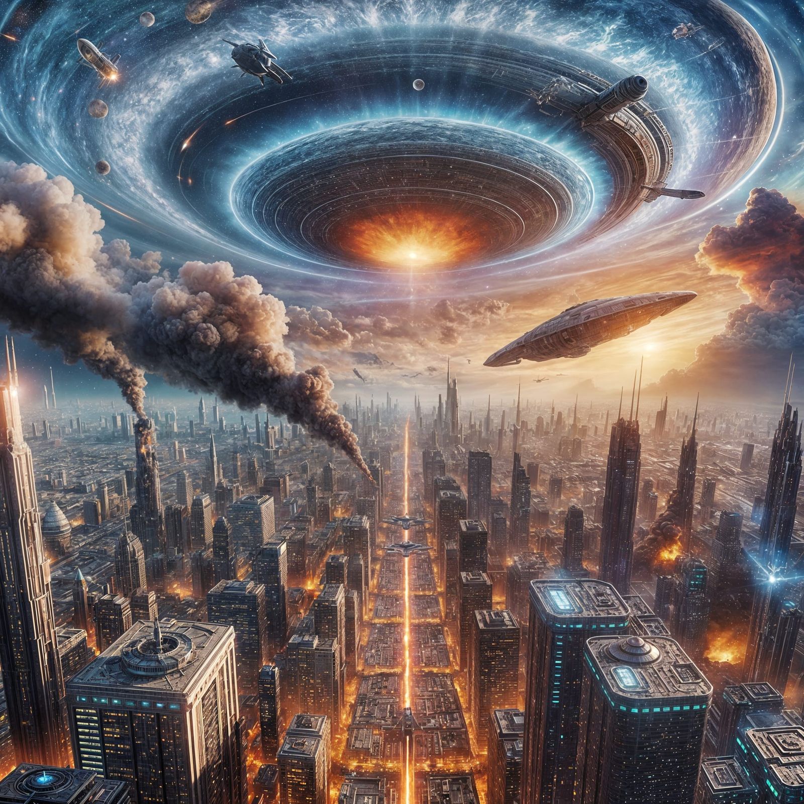 Extraterrestrial Spaceship Crash Over Futuristic City