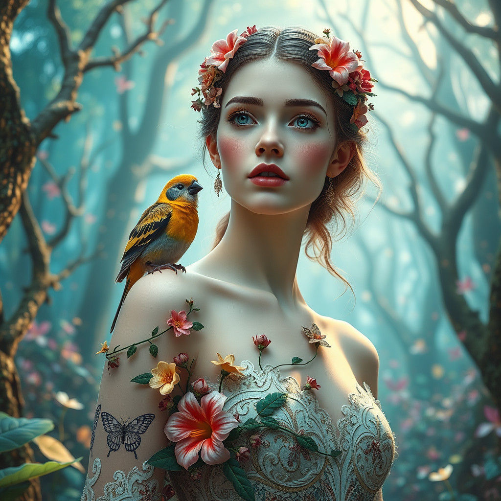 Ethereal Woman in Forest, Klimt-Inspired Surrealism