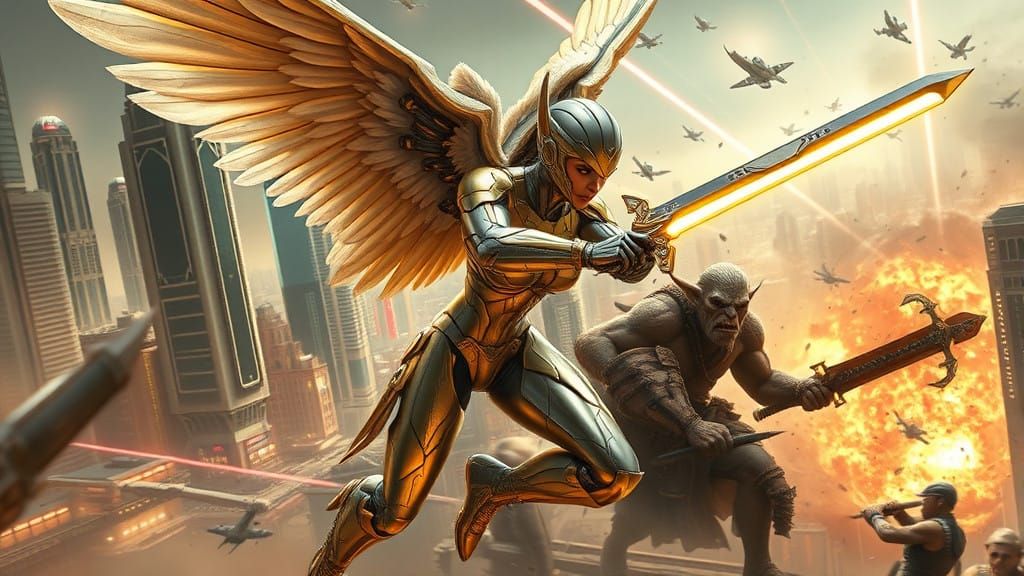 Cyberpunk Angel Engages Dystopian Orc in Intense Sci-Fi Batt...