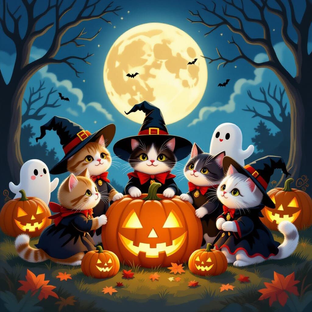 Cats in Halloween Costumes Around a Moonlit Pumpkin Patch