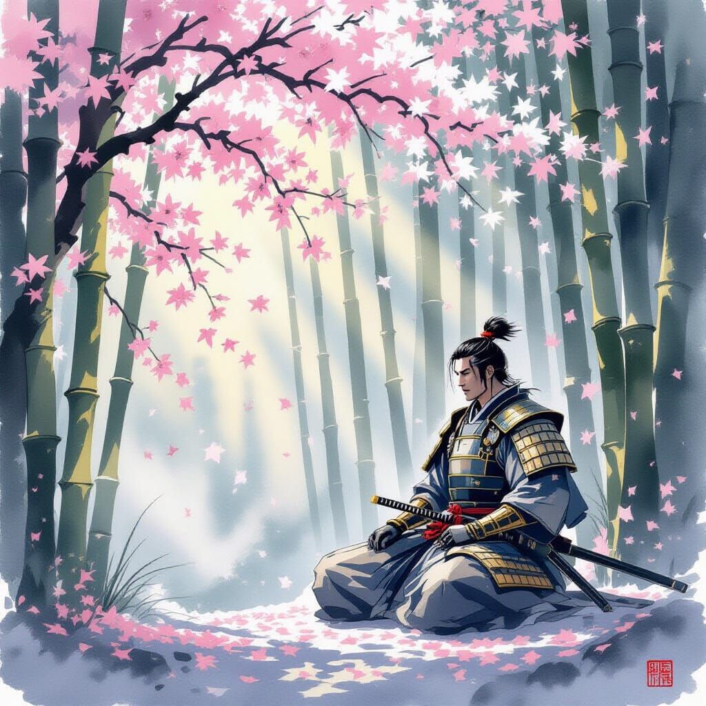 Samurai Meditation in Bamboo Forest: Ink Wash Style