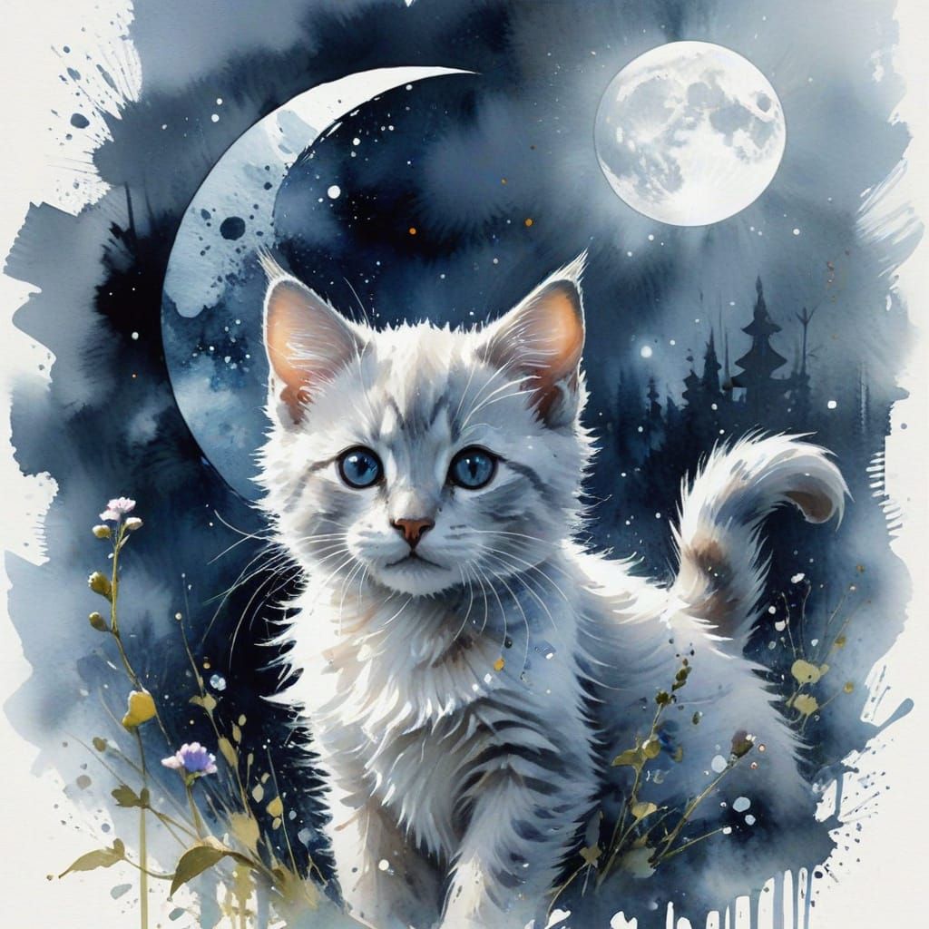 Kitten on Musical Sheet Under Midnight Moon