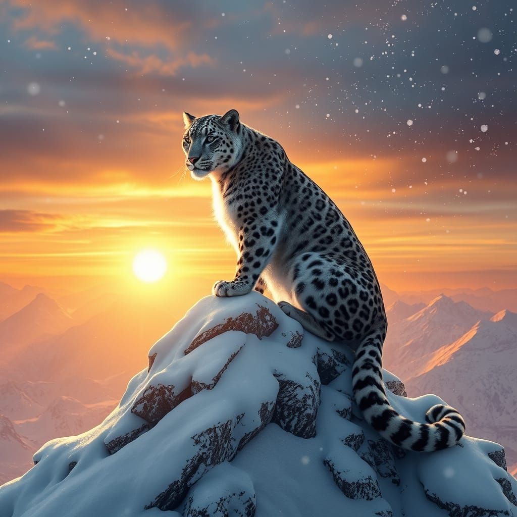 Snow Leopard on Snowy Peak in Jugendstil Style