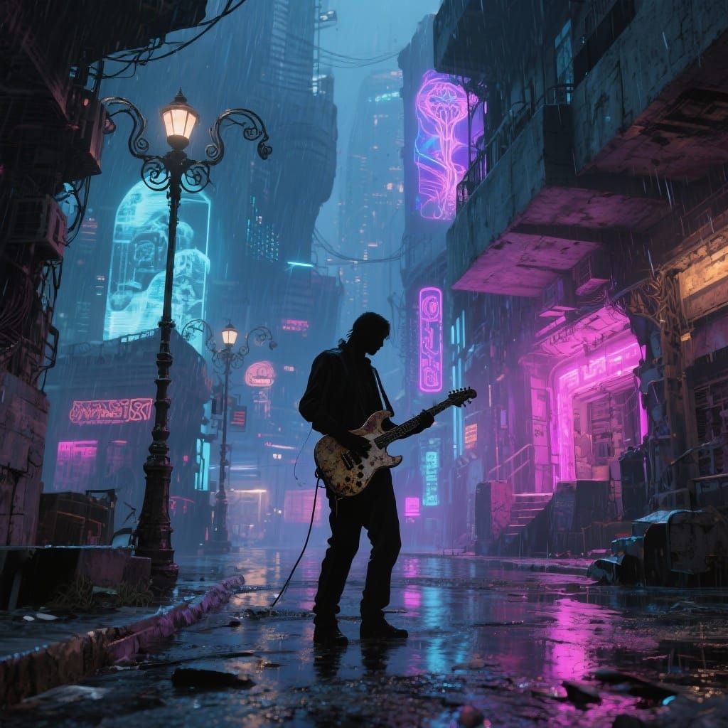Musician Plays Guitar on Neon-Drenched Cyberpunk Streets